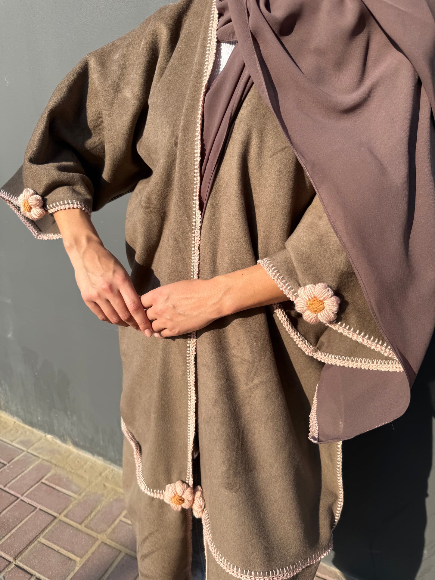 cashmere abaya with handmade crochet flowers - Brown