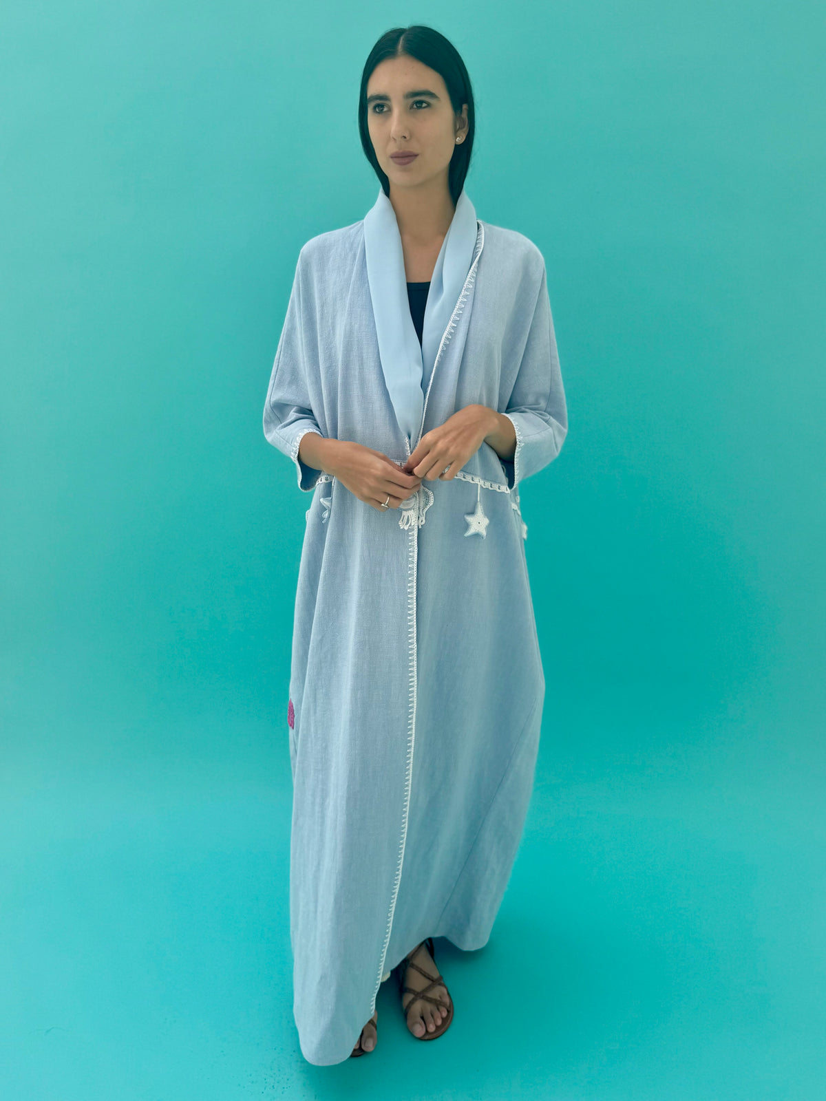 Seaworld Drop- Light Blue linen abaya with white handmade crochet