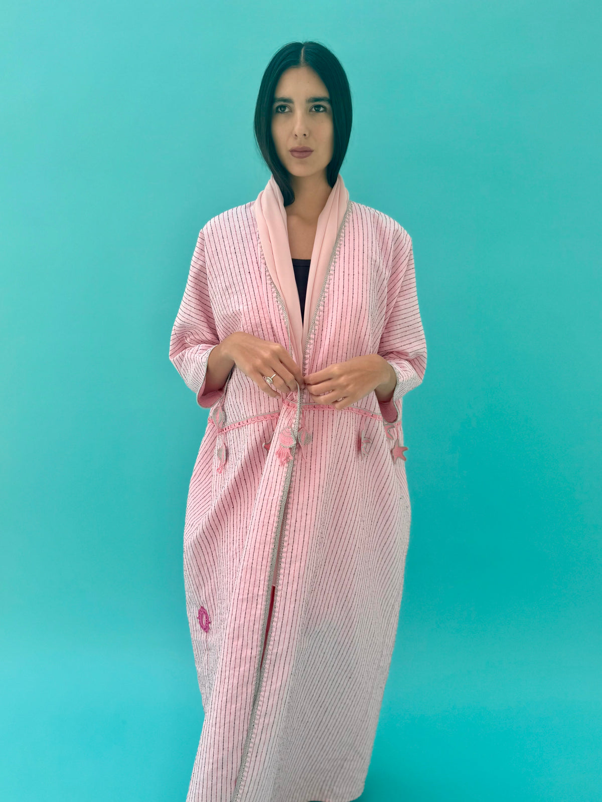Seaworld Drop- Pink linen abaya with black  handmade crochet