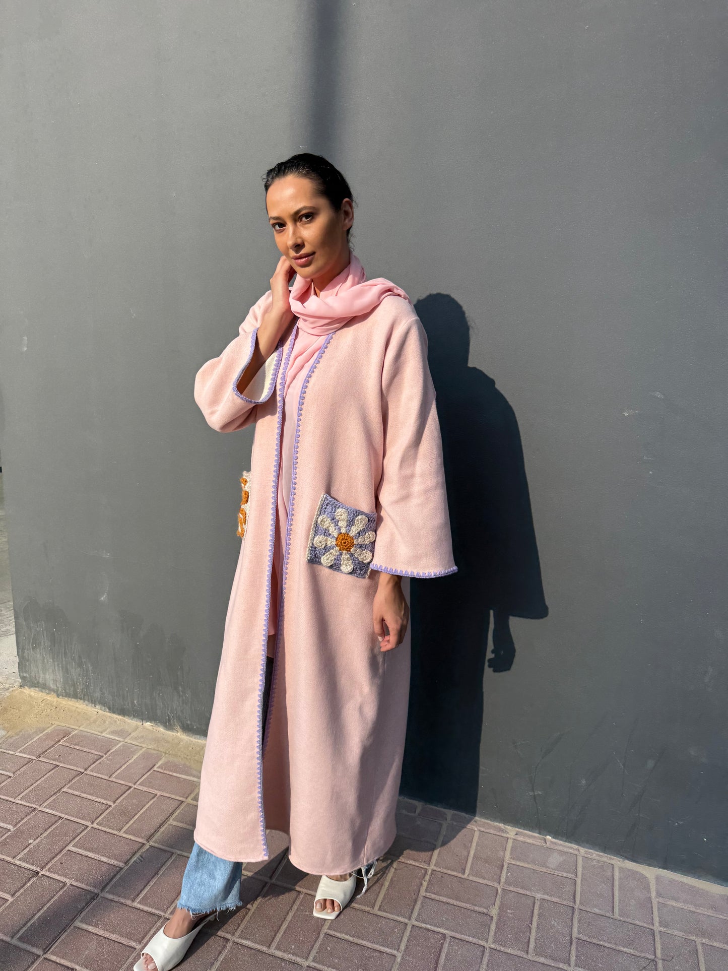Soft wool abaya with handmade crochet - Light pink