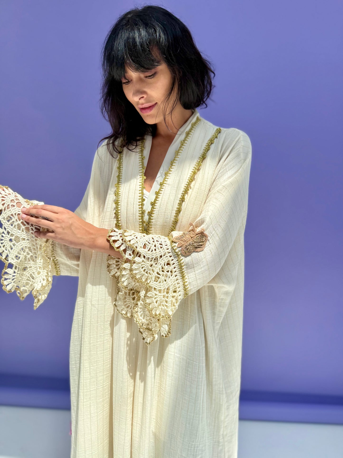 Golden Stripe Muslin Abaya Butterfly