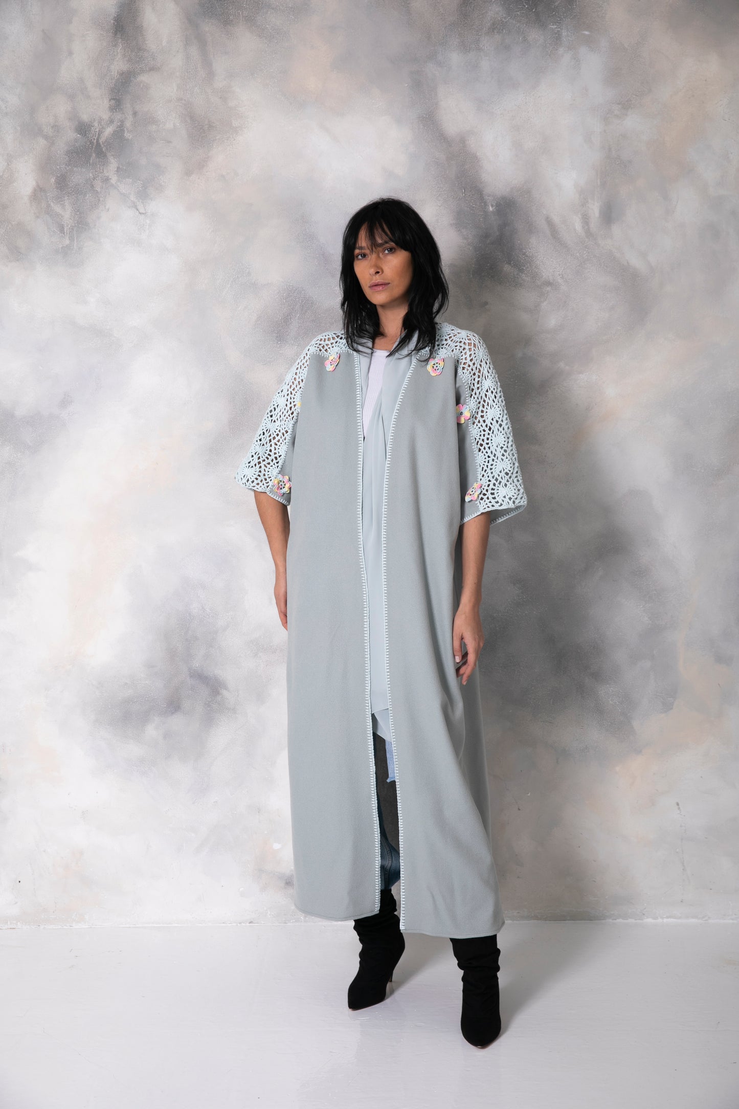 Light blue wool abaya with handmade crochet