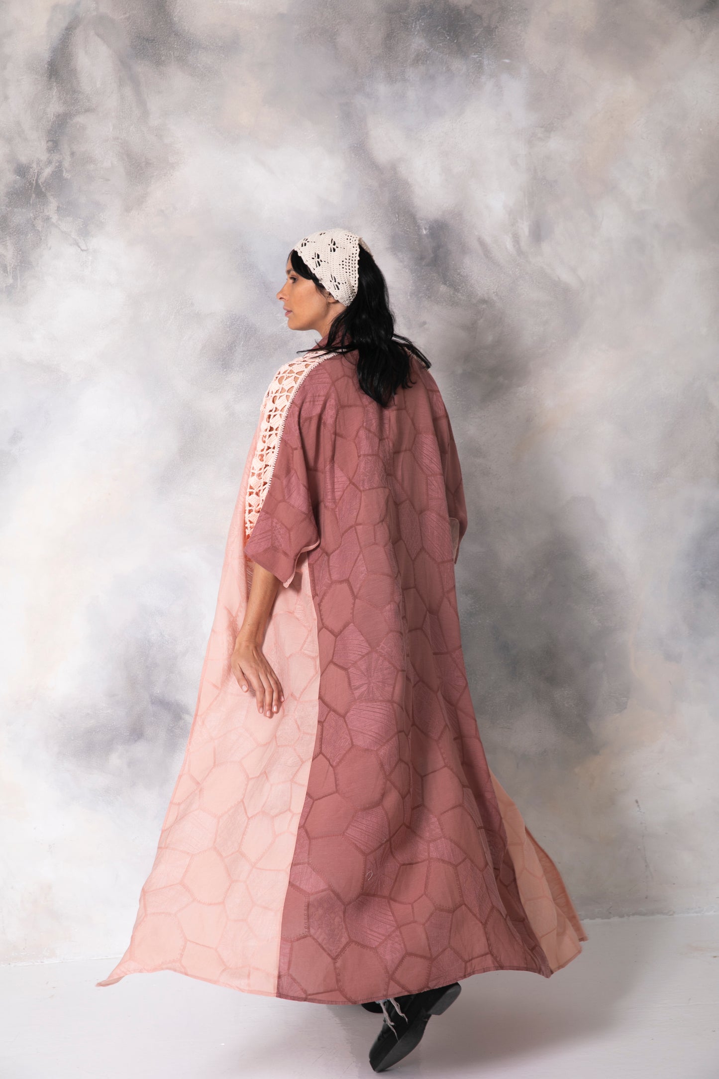 2 tone blush abaya with handmade crochet