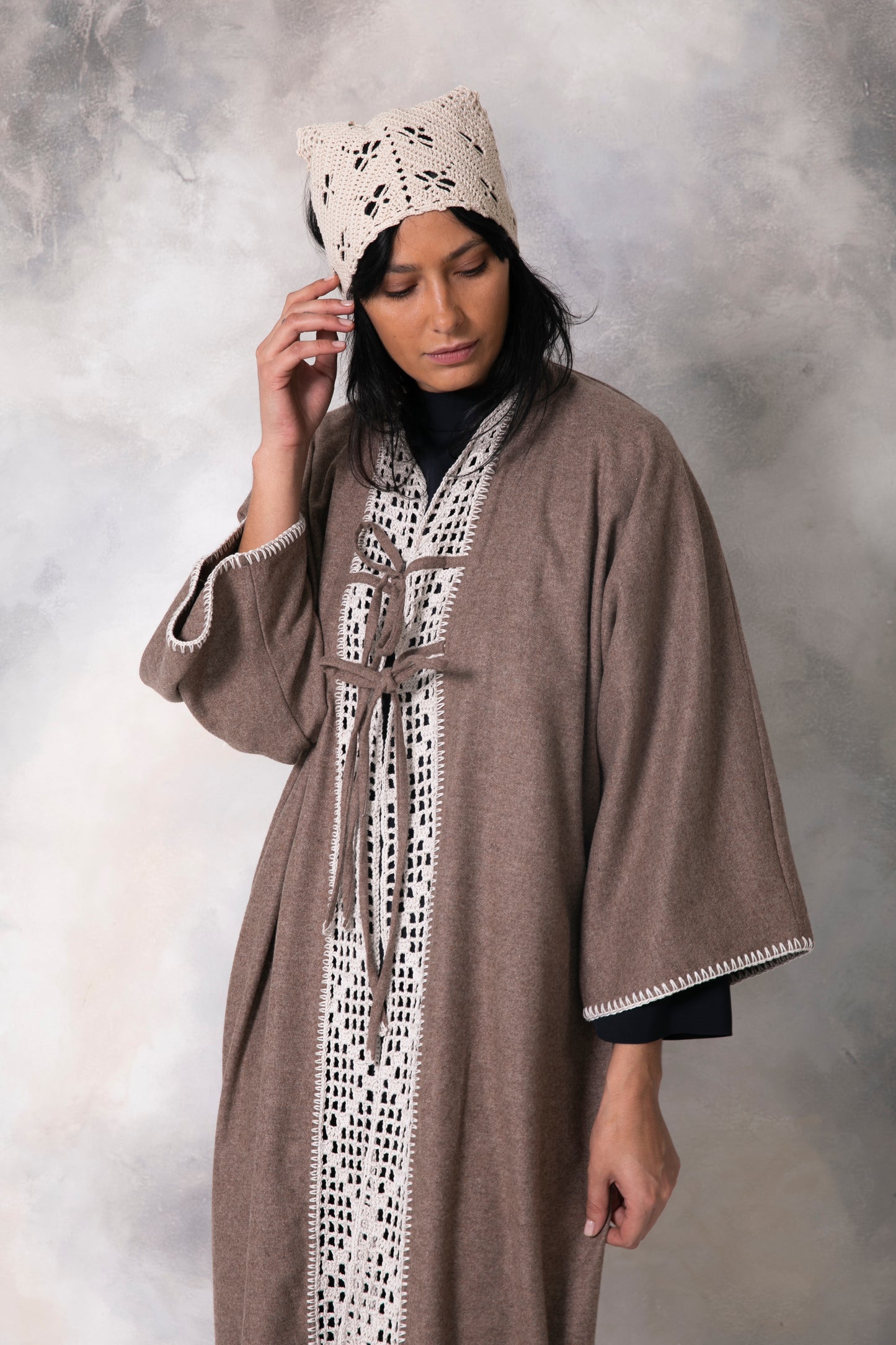 Brown wool abaya with handmade crochet front