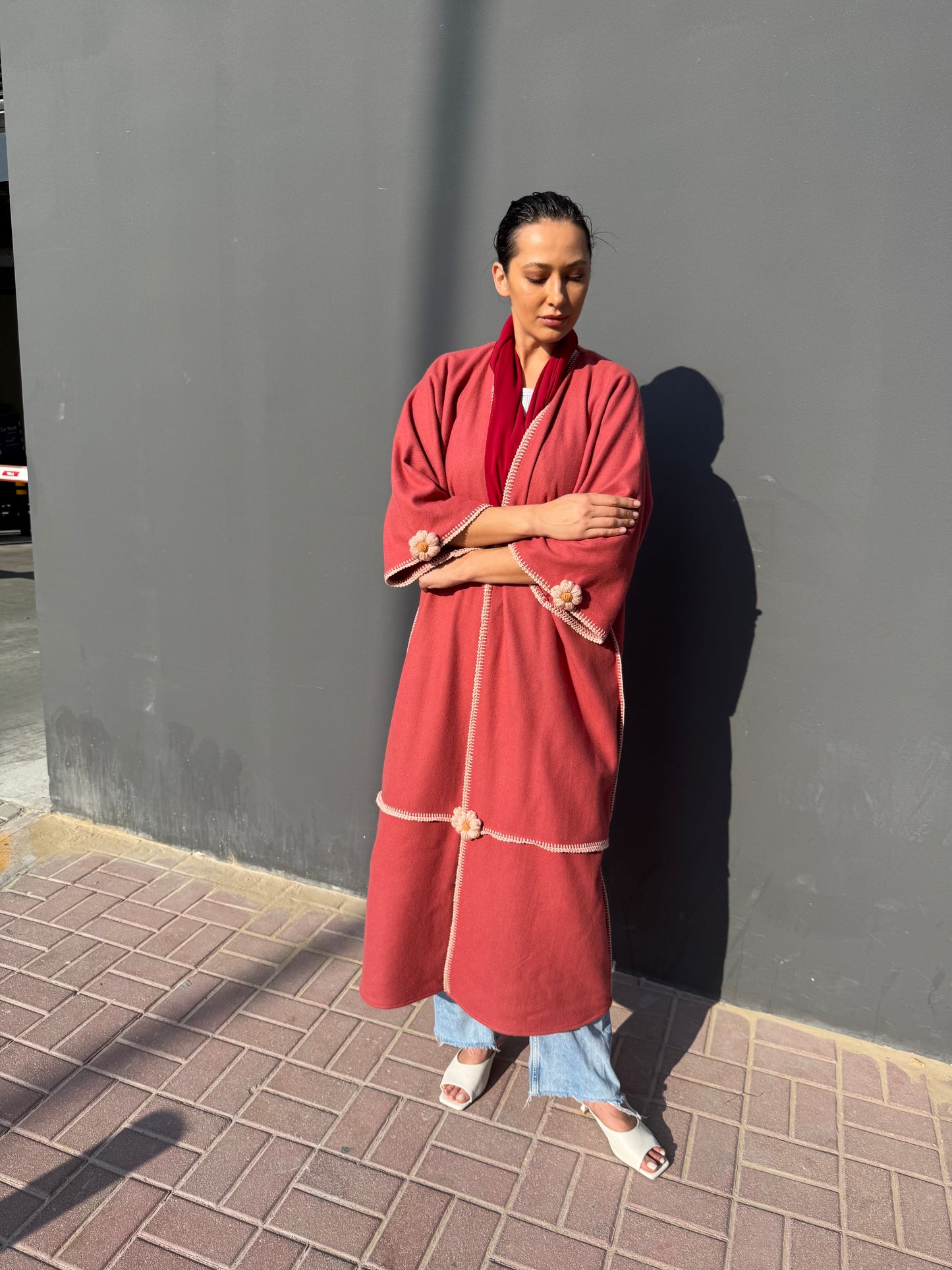 Cashmere wool abaya with handmade crochet - Maroon