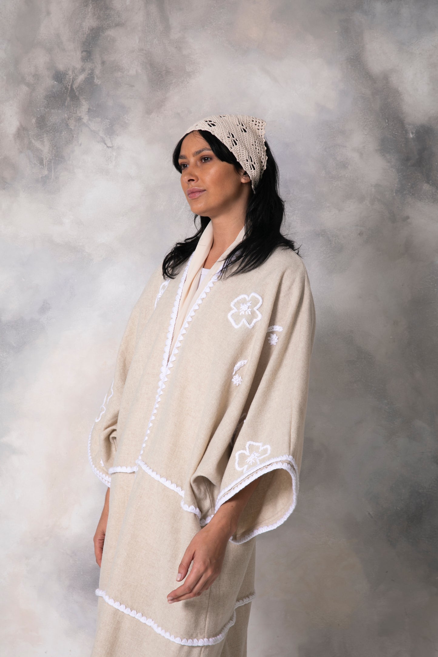 Off white wool abaya with handmade crochet and embroidery