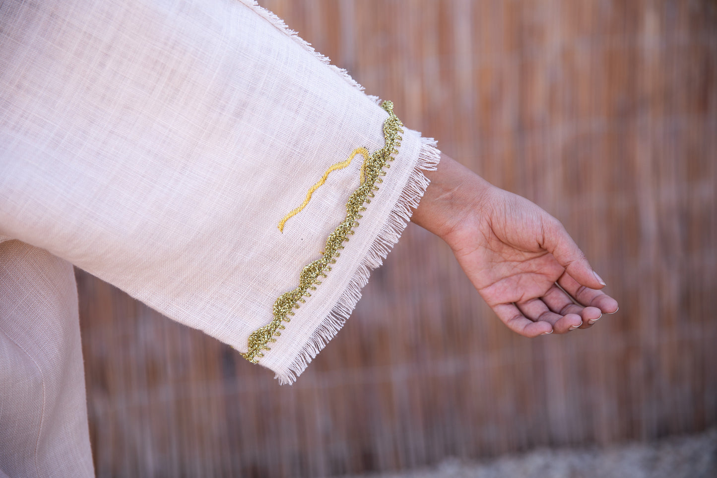 Linen abaya with handmade embroidery and crochet - off white