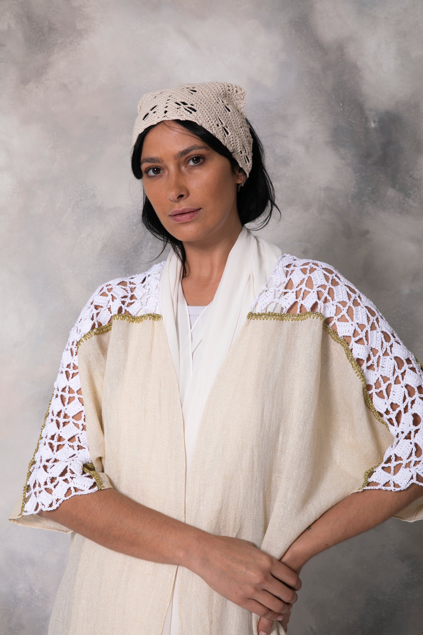 Linen gold shimmer abaya with handmade crochet