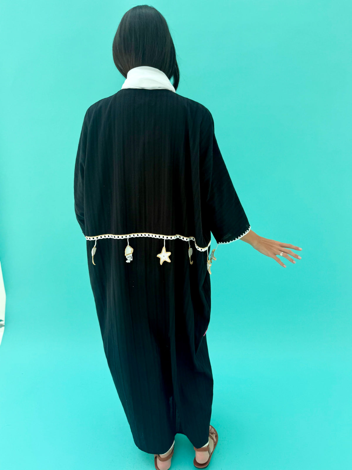 Seaworld Drop- Black linen abaya with white handmade crochet