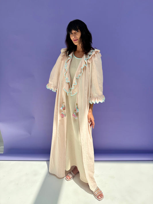 Stripe Muslin Butterfly Abaya Set - Pink Stripe