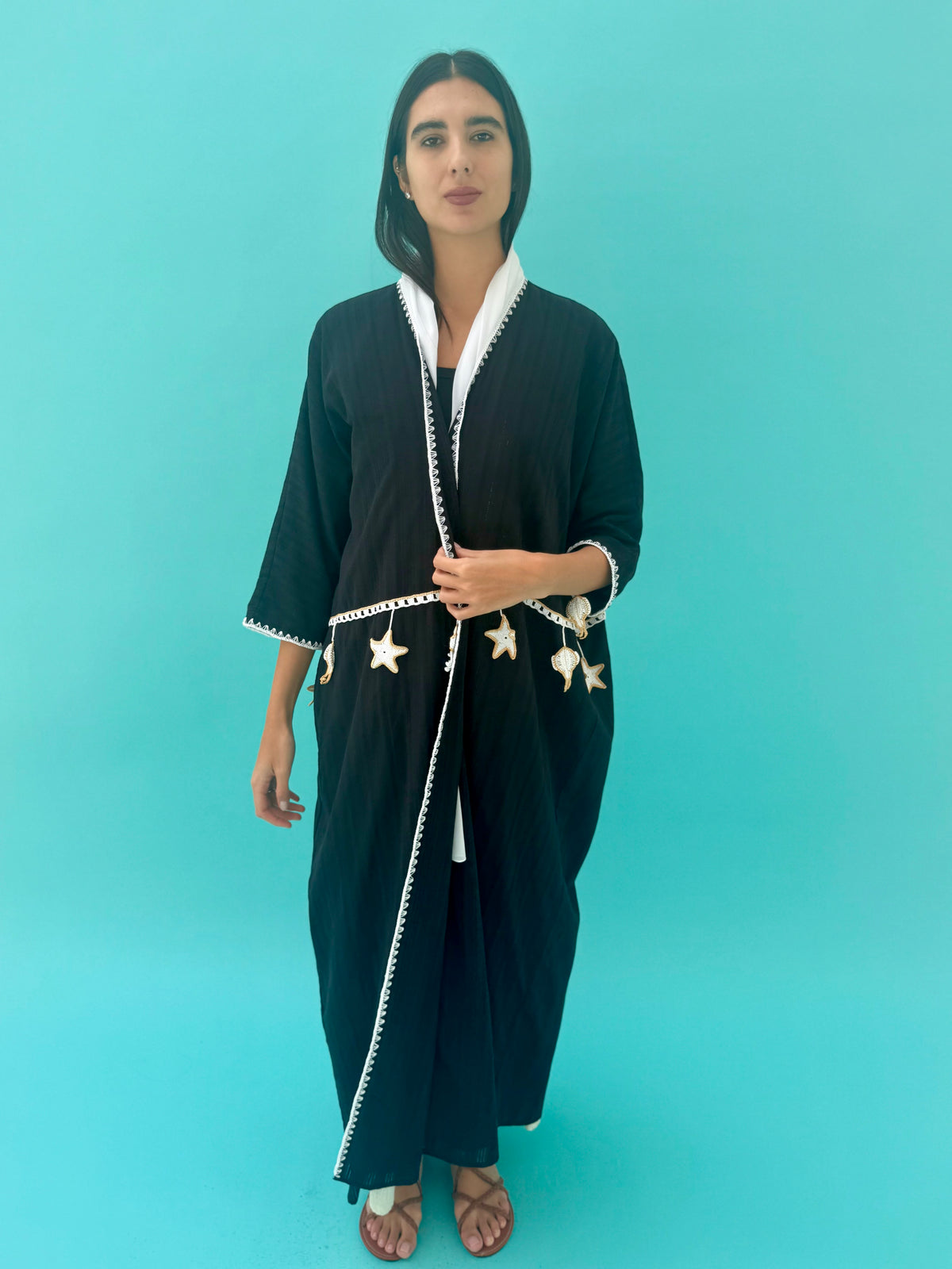 Seaworld Drop- Black linen abaya with white handmade crochet