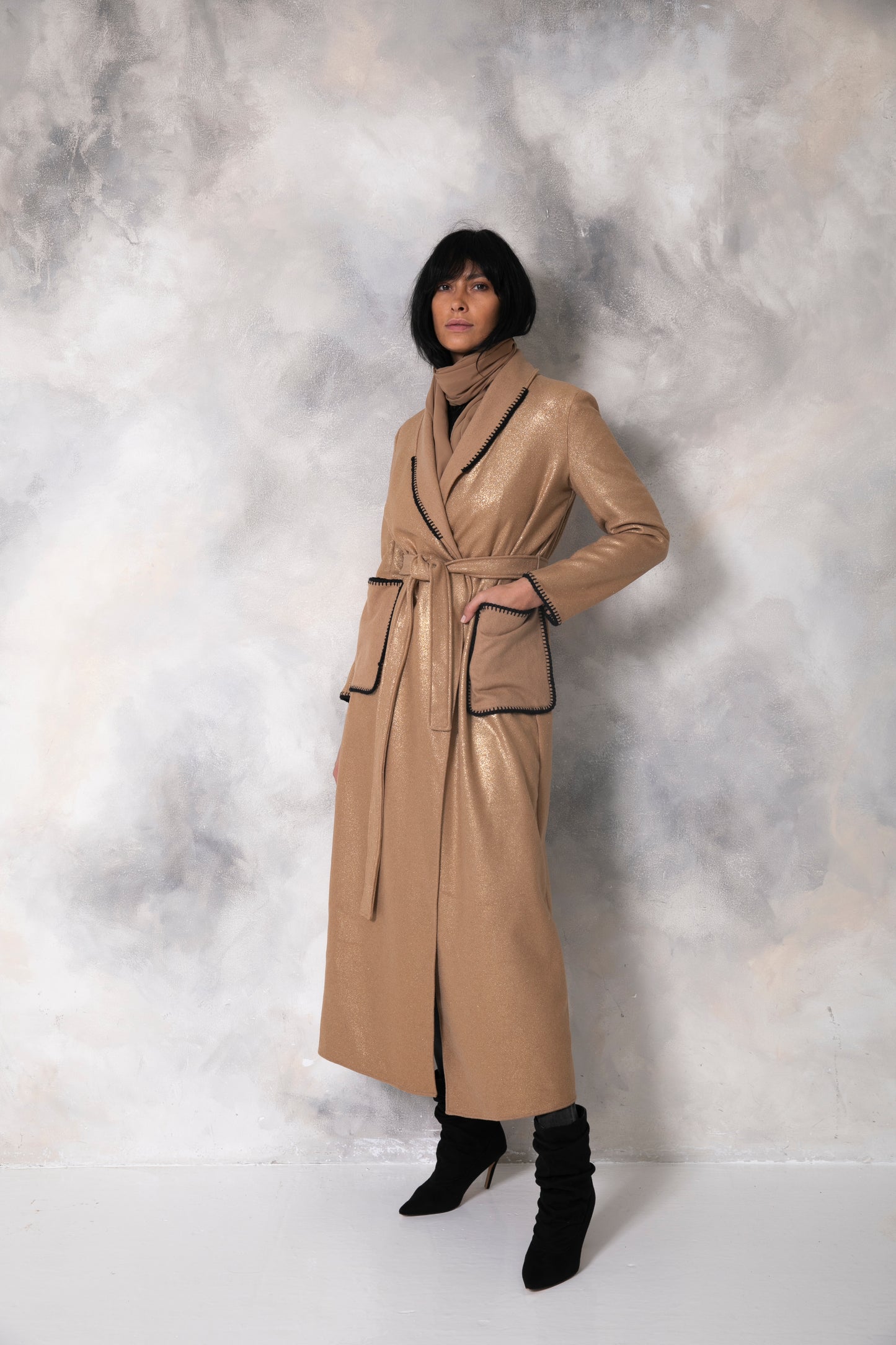 Gold shimmering wool coat - Camel/Gold