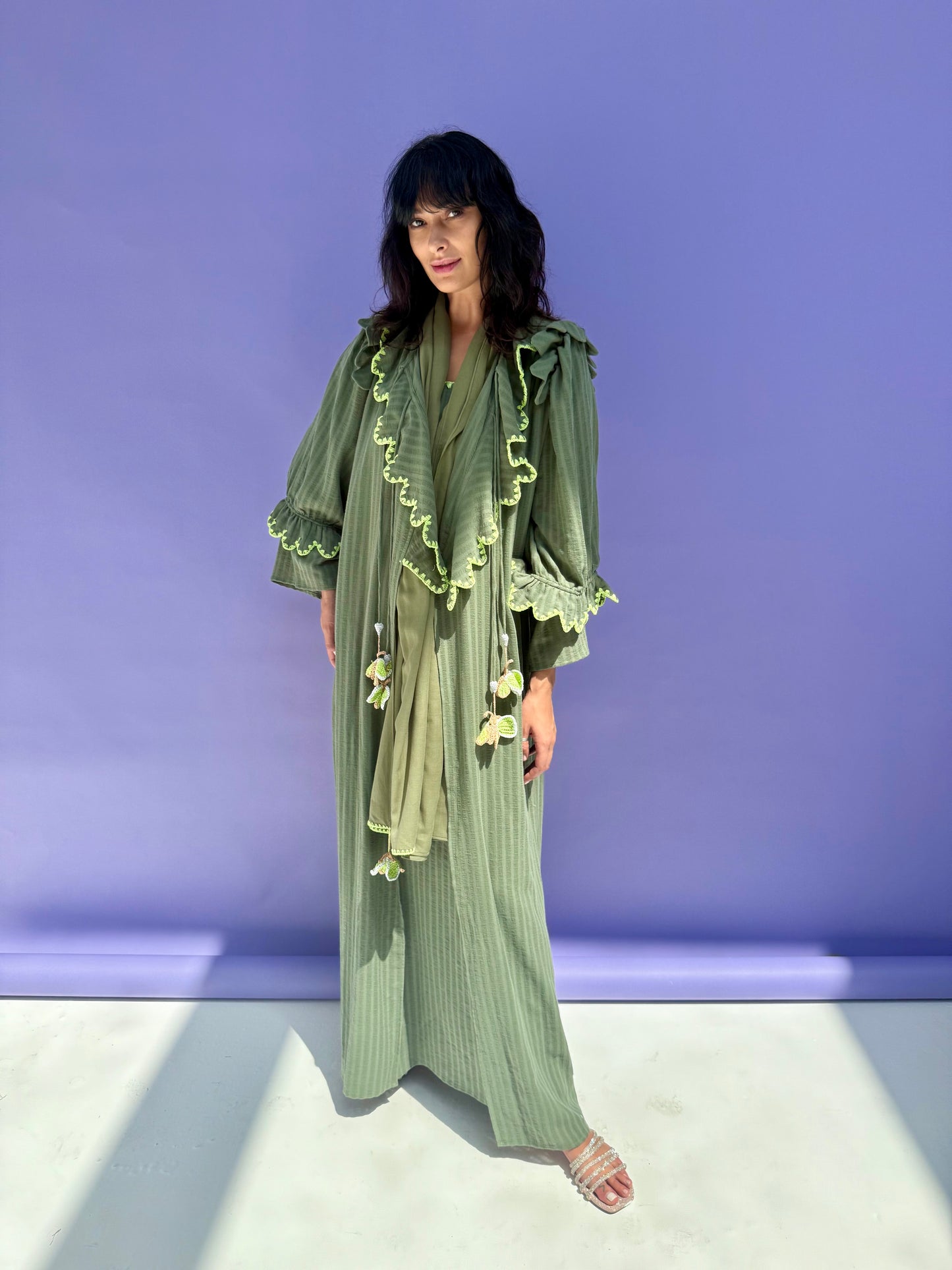 Stripe Muslin Butterfly Abaya set - Green