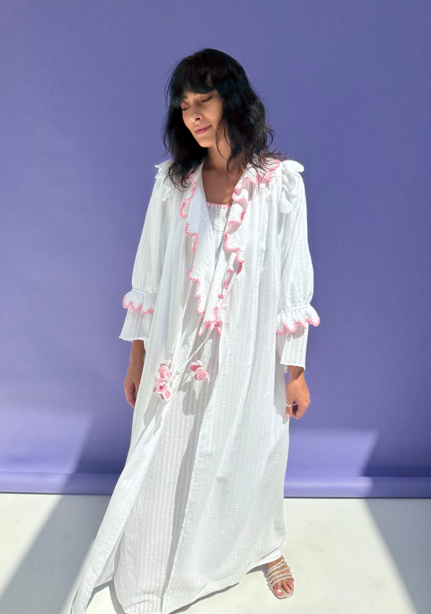 Stripe Muslin Butterfly Abaya Set - White