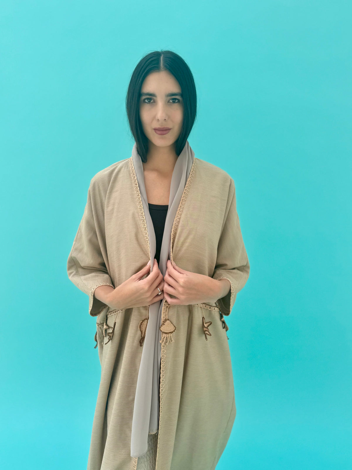 Seaworld Drop- Beige cotton abaya with beige handmade crochet