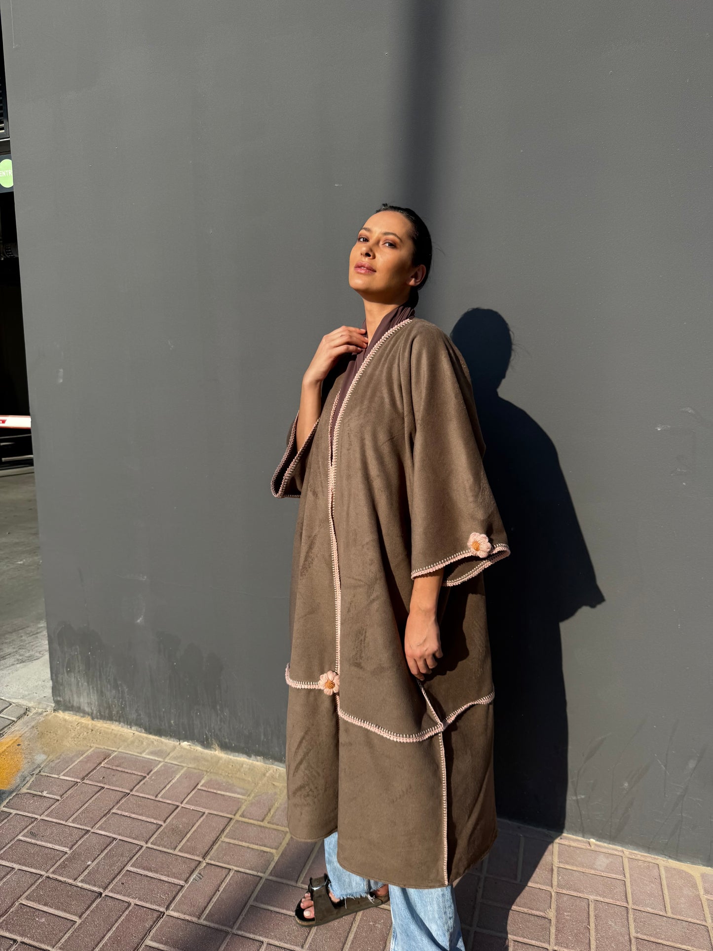 cashmere abaya with handmade crochet flowers - Brown