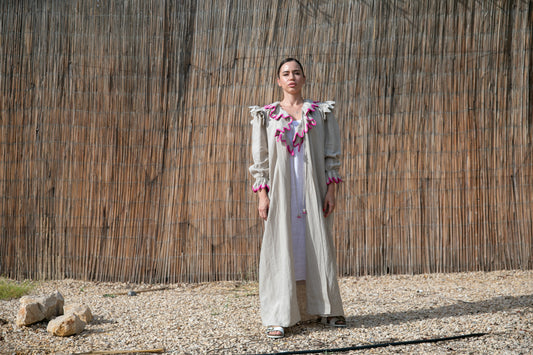 Linen abaya with handmade crochet - Beige