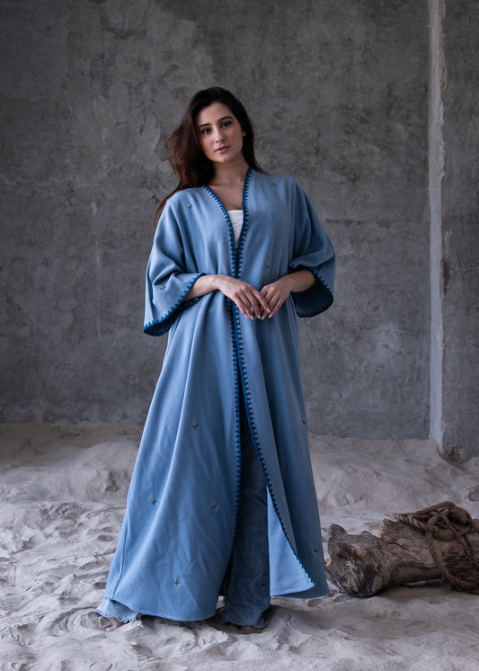 Winter abaya with handmade crochet and embroidery- Blue