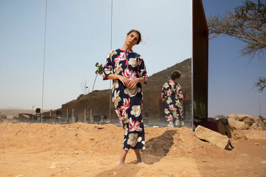 Linen Kaftan with handmade crochet and beads embroidery