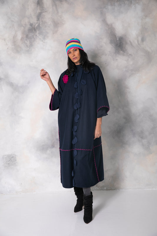 Navy Blue wool coat with handmade crochet leaves and flower