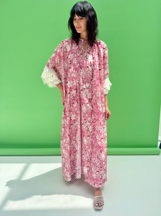 Daisy Drop 2 - floral print abaya set with handmade crochet sleeves