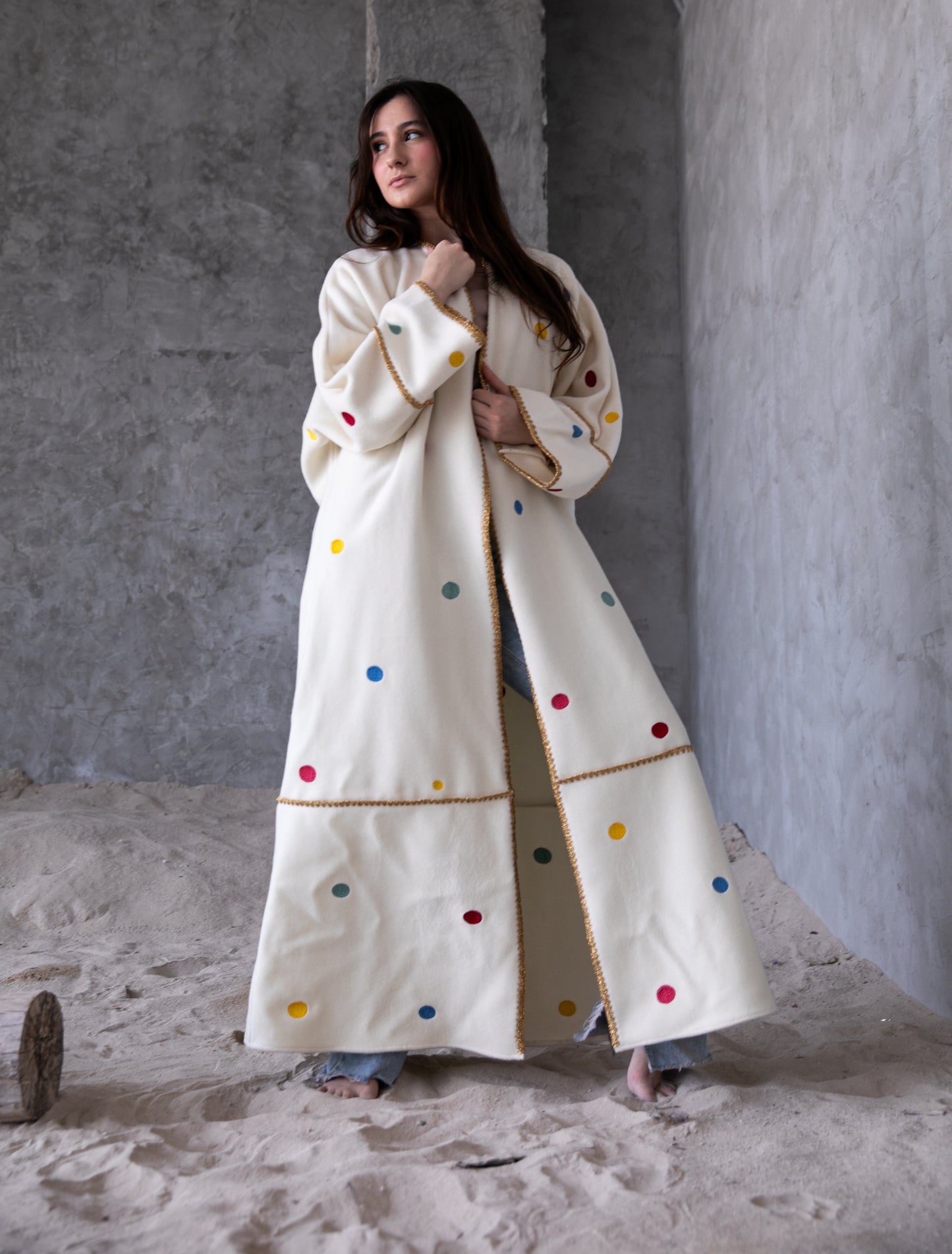 Winter abaya with handmade embroidery and crochet - White
