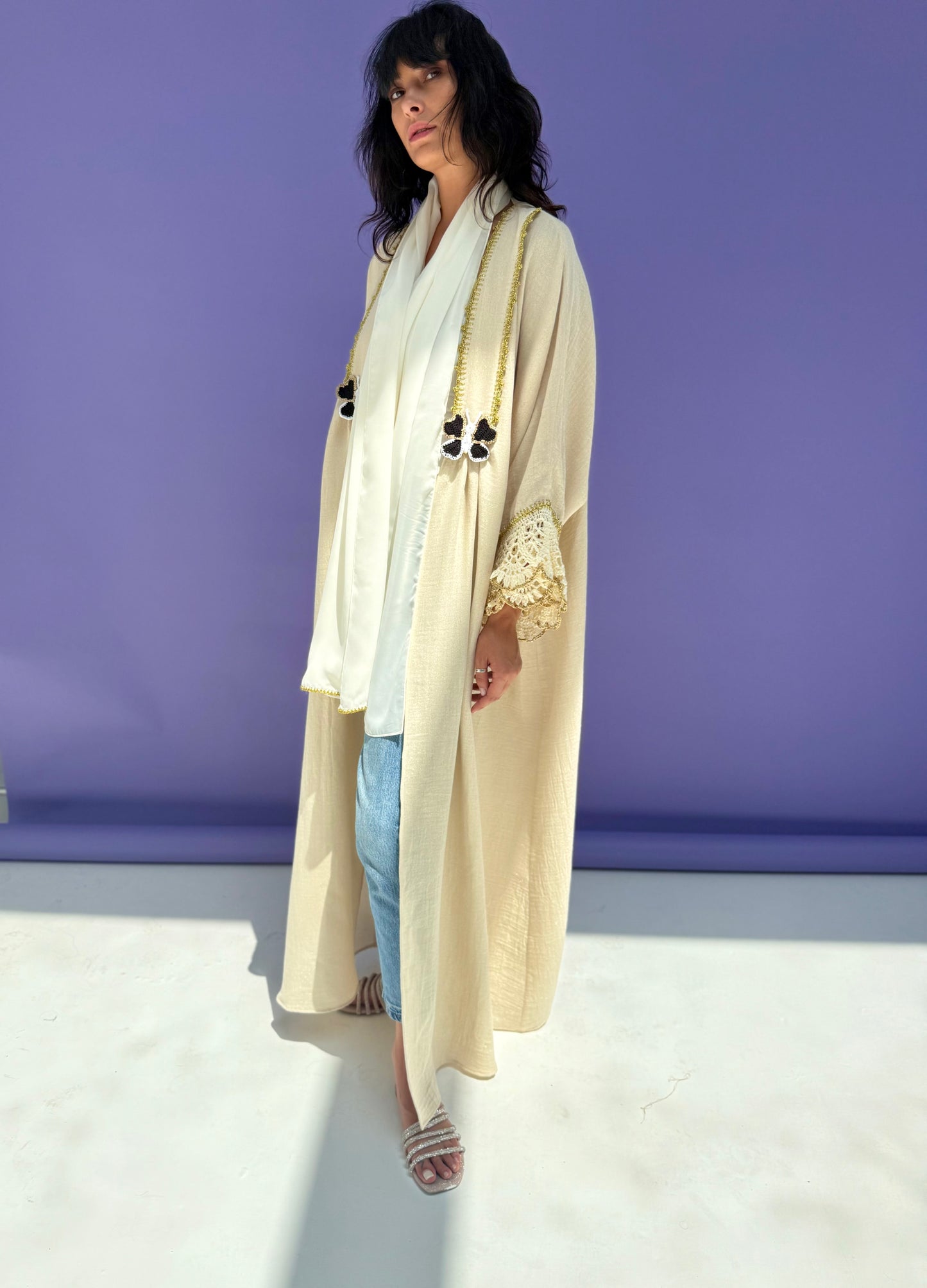 Golden Shimmer Muslin Abaya Butterfly