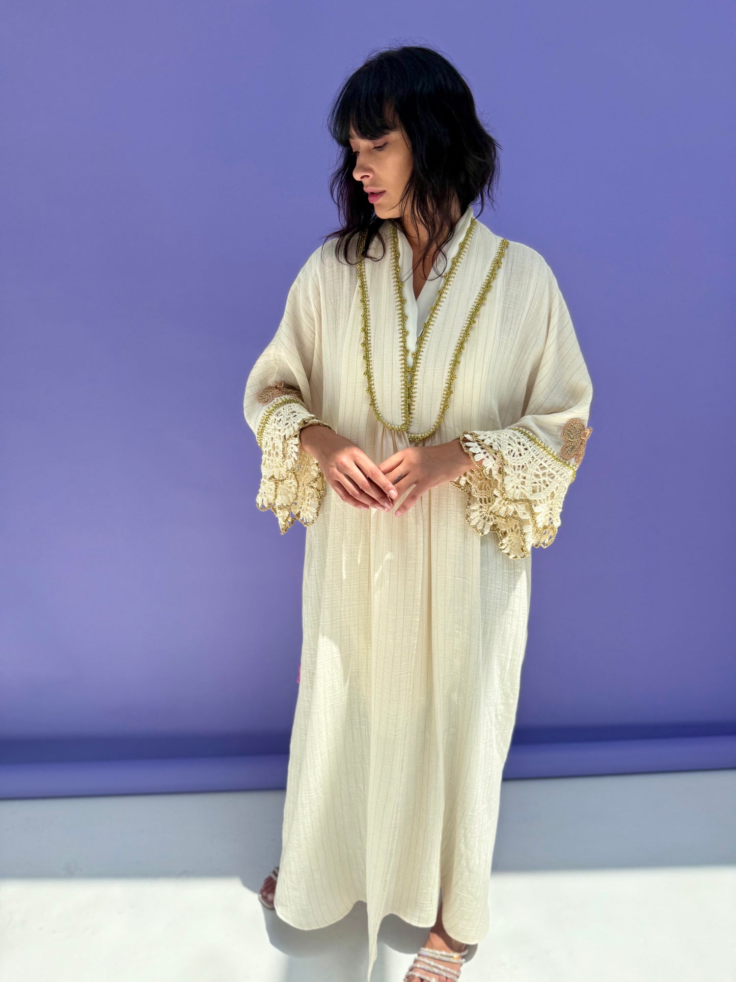 Golden Stripe Muslin Abaya Butterfly