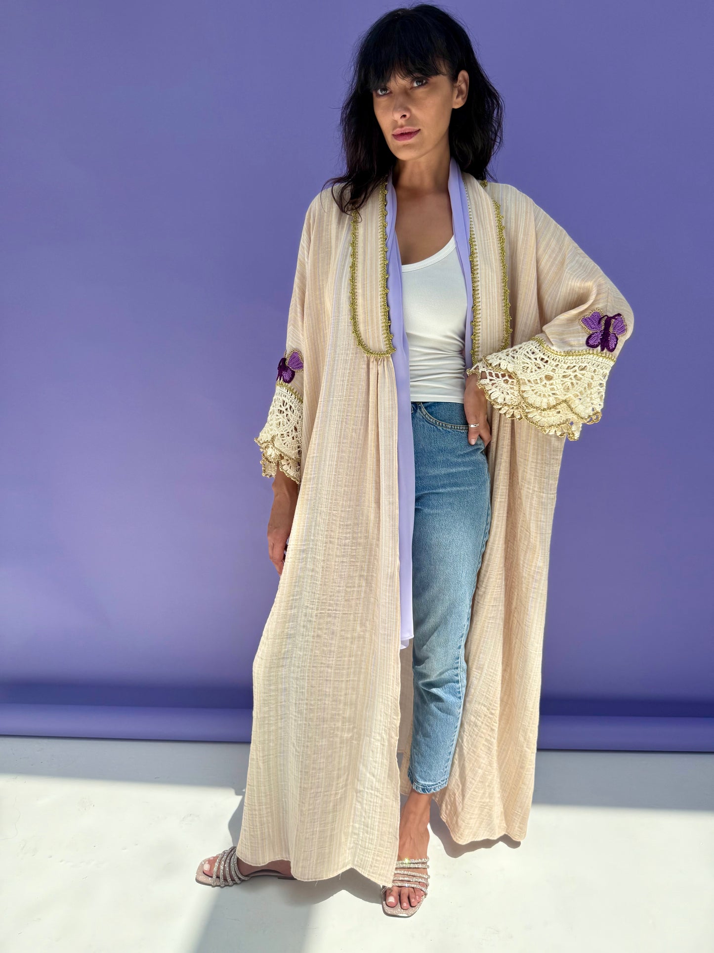 Lavender Stripe Muslin Abaya Butterfly