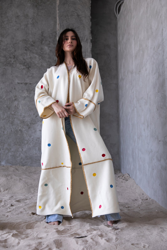 Winter abaya with handmade embroidery and crochet - White