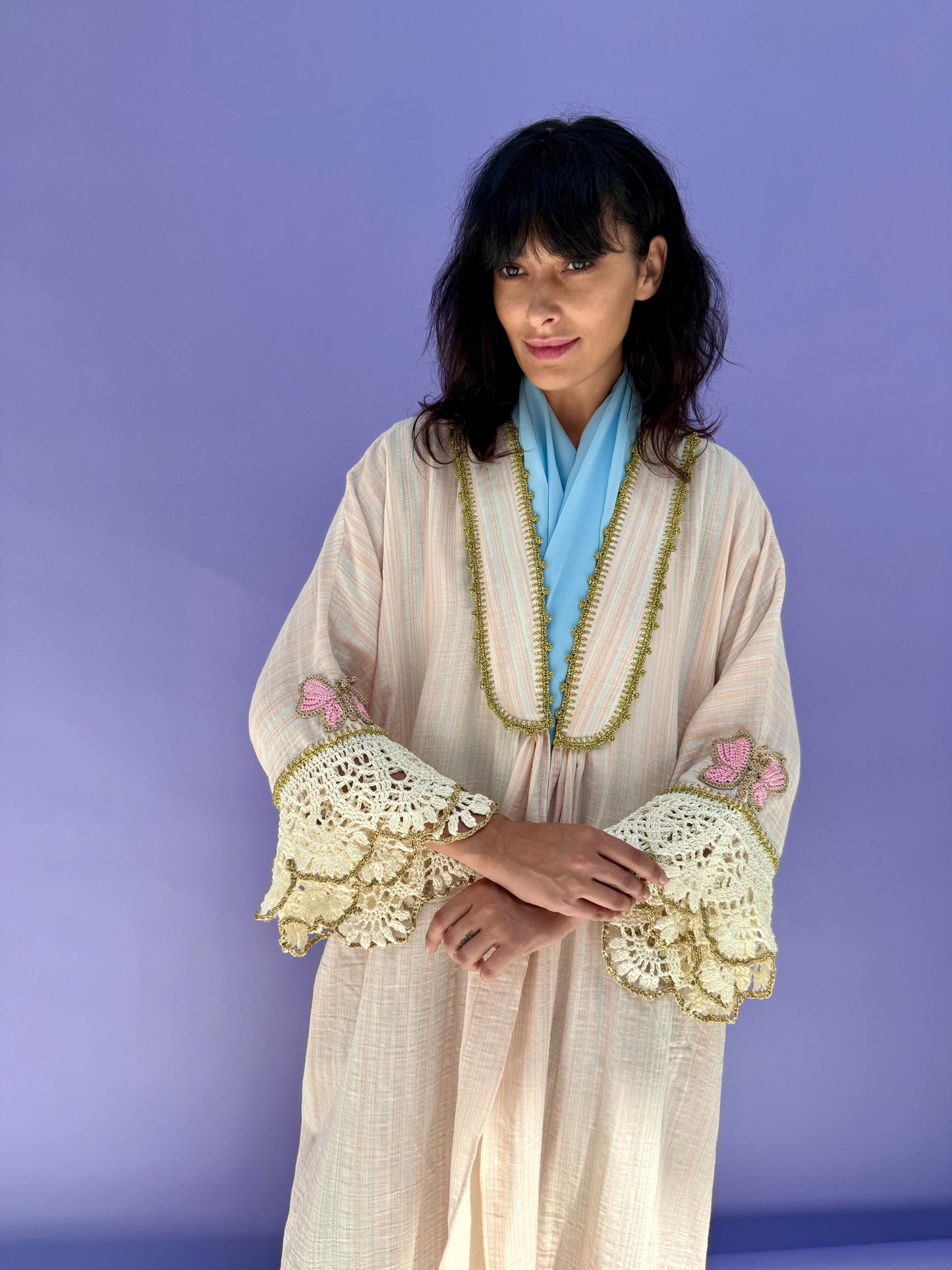 Pink Stripe Muslin Abaya Butterfly