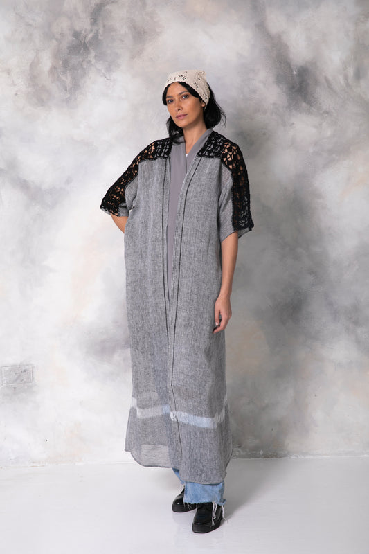 Dark grey linen abaya with handmade crochet