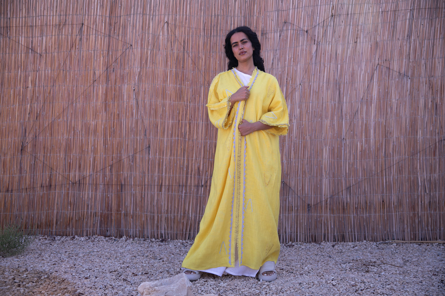 Linen Abaya with handmade embroidery and crochet / Yellow