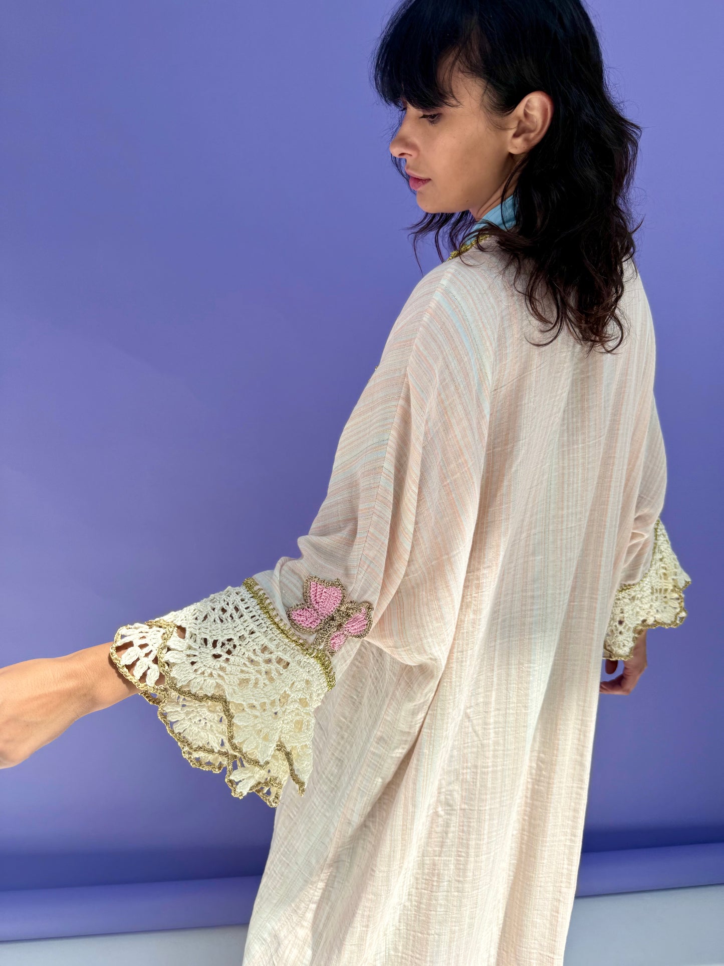 Pink Stripe Muslin Abaya Butterfly