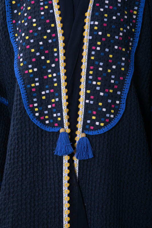Waffle Linen abaya with handmade embroidery and crochet - Navy Blue