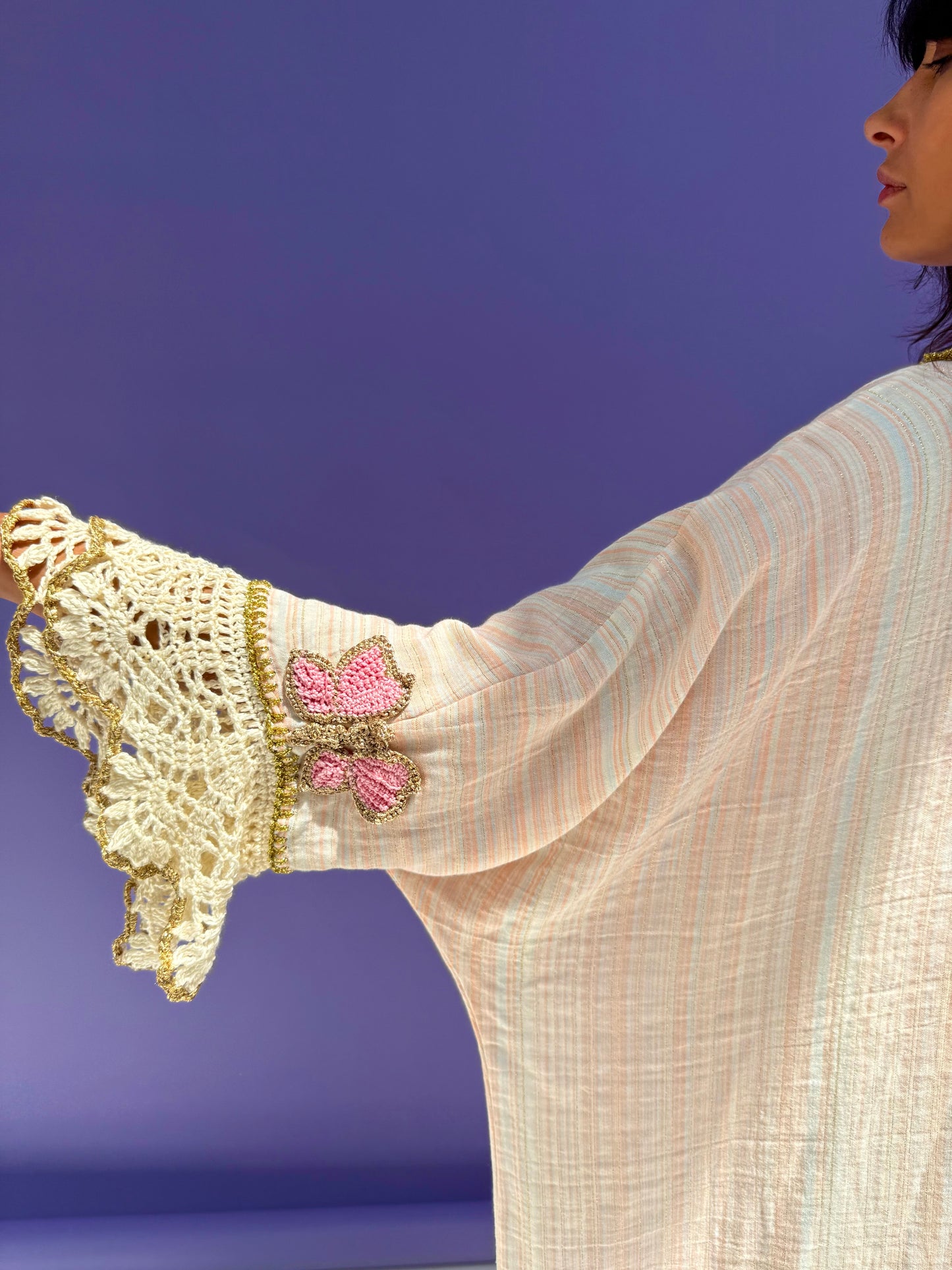 Pink Stripe Muslin Abaya Butterfly