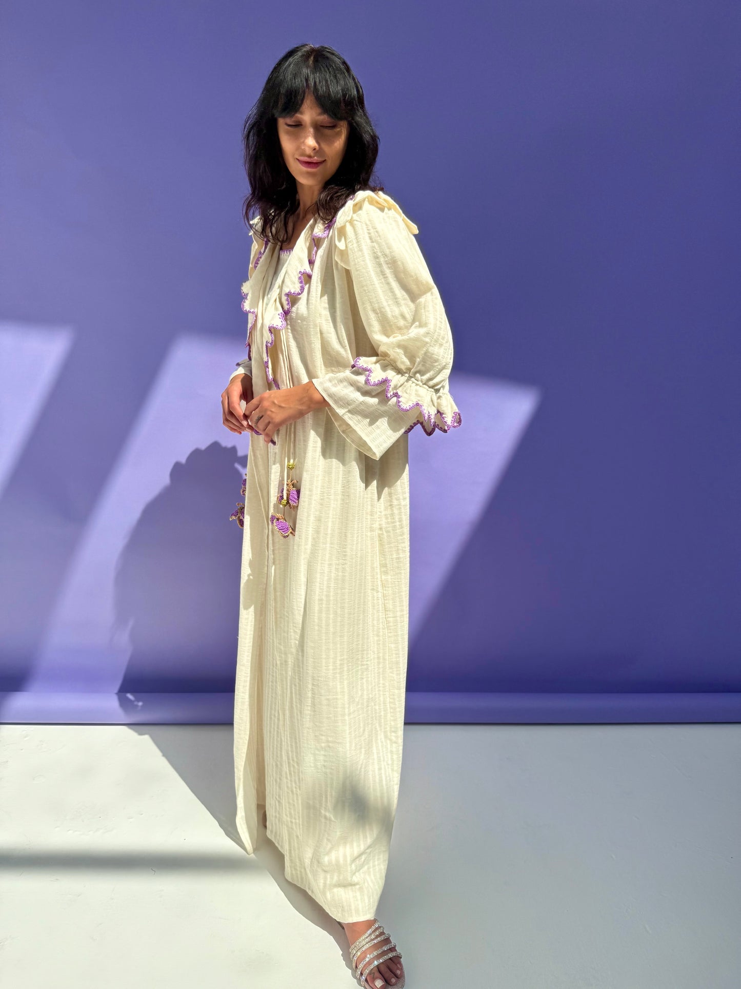 Stripe Muslin Butterfly Abaya Set - Cream