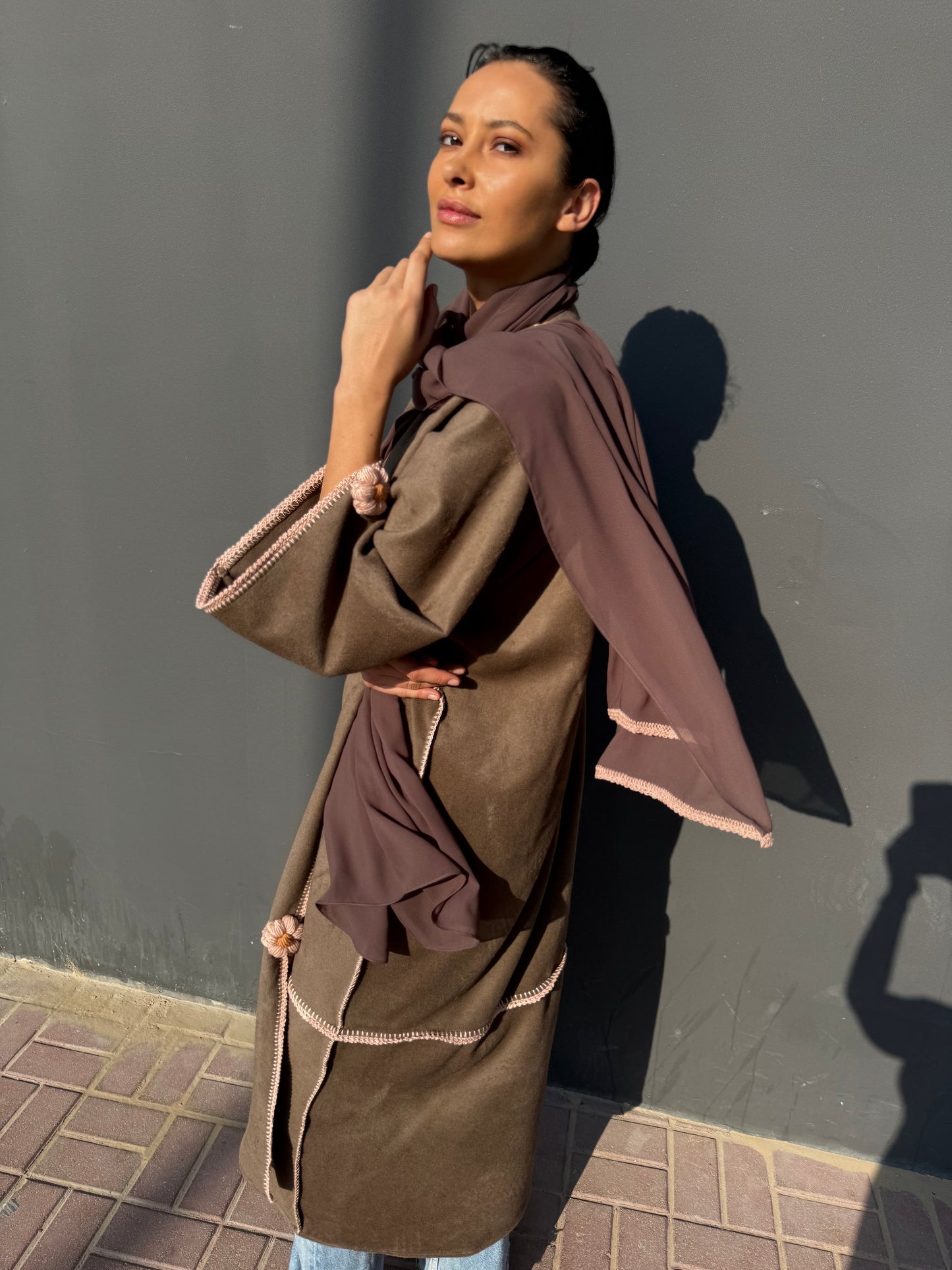 cashmere abaya with handmade crochet flowers - Brown