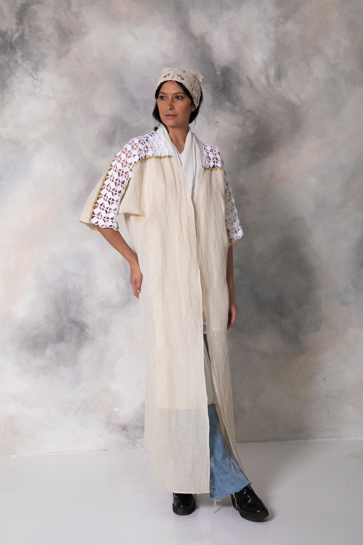 Linen gold shimmer abaya with handmade crochet
