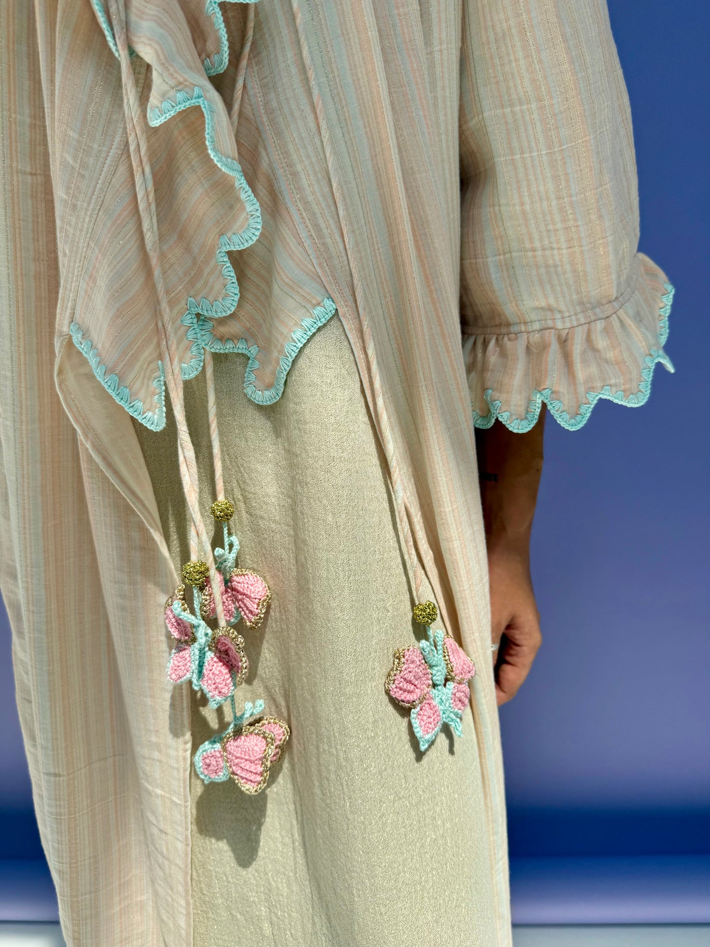 Stripe Muslin Butterfly Abaya Set - Pink Stripe