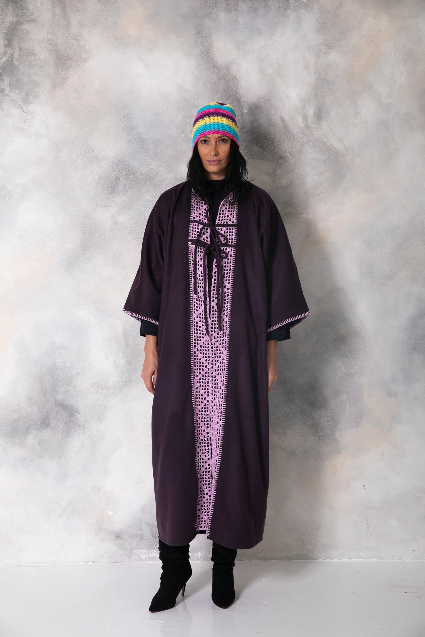 Dark Purple wool abaya with handmade crochet front