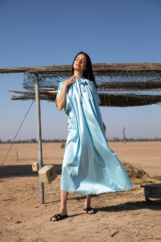 Silk Kaftan with Handmade crochet - Light Blue