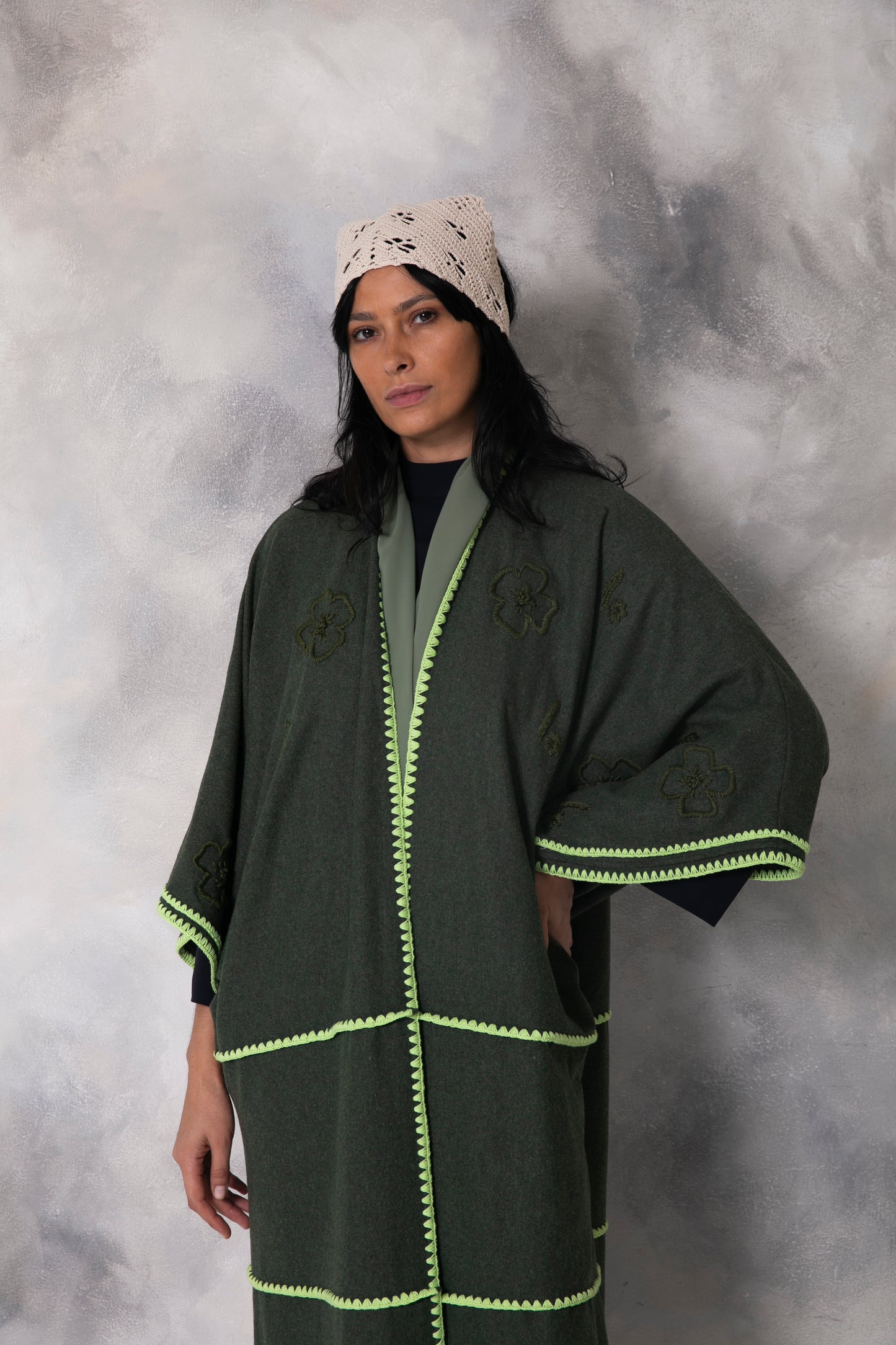 Dark Green Wool abaya with handmade crochet and embroidery
