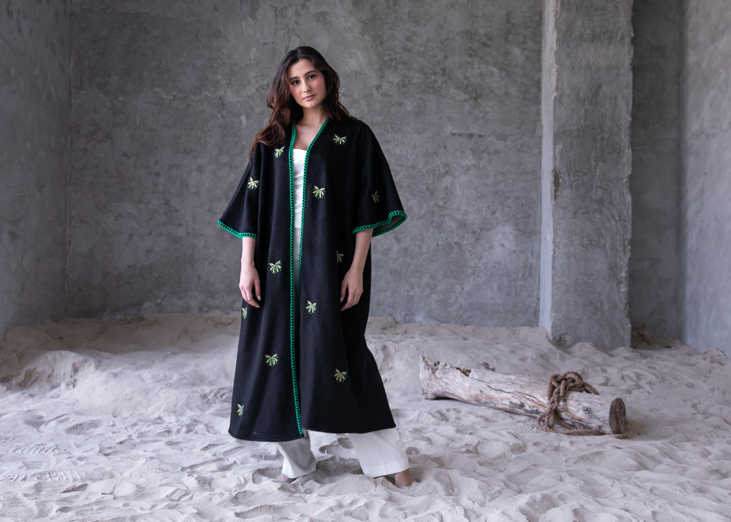 Winter abaya with handmade embroidery and crochet- Black