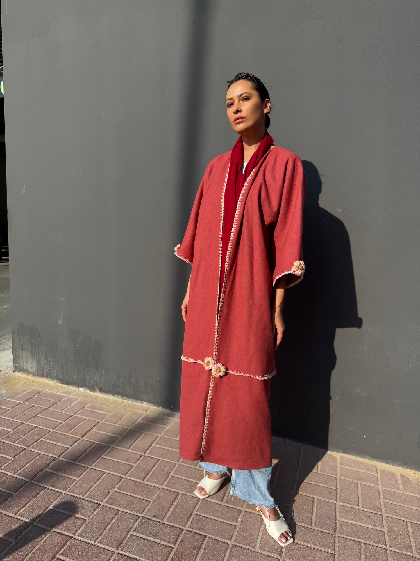 Cashmere wool abaya with handmade crochet - Maroon