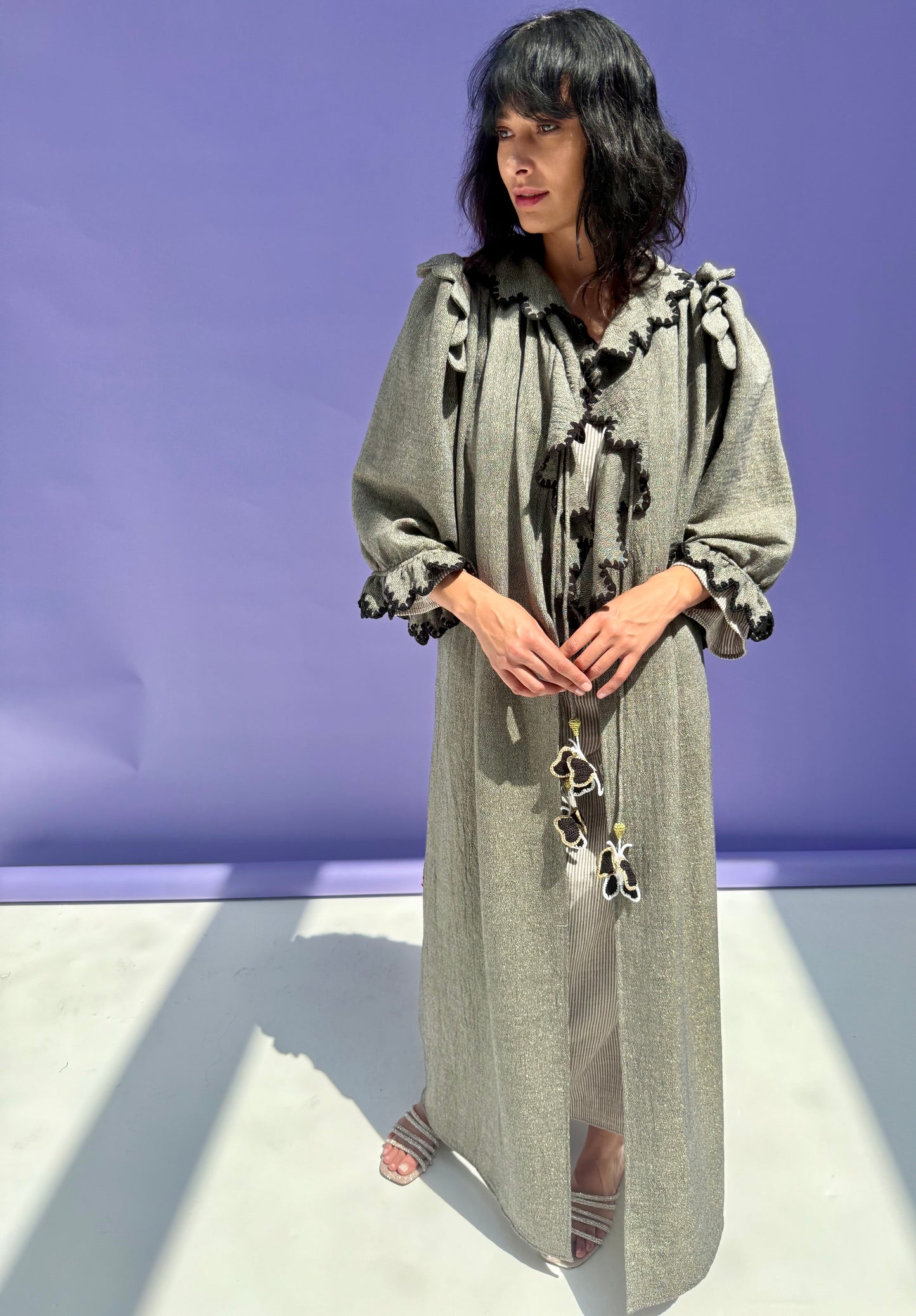Stripe Muslin Butterfly Abaya Set - Shimmer Grey