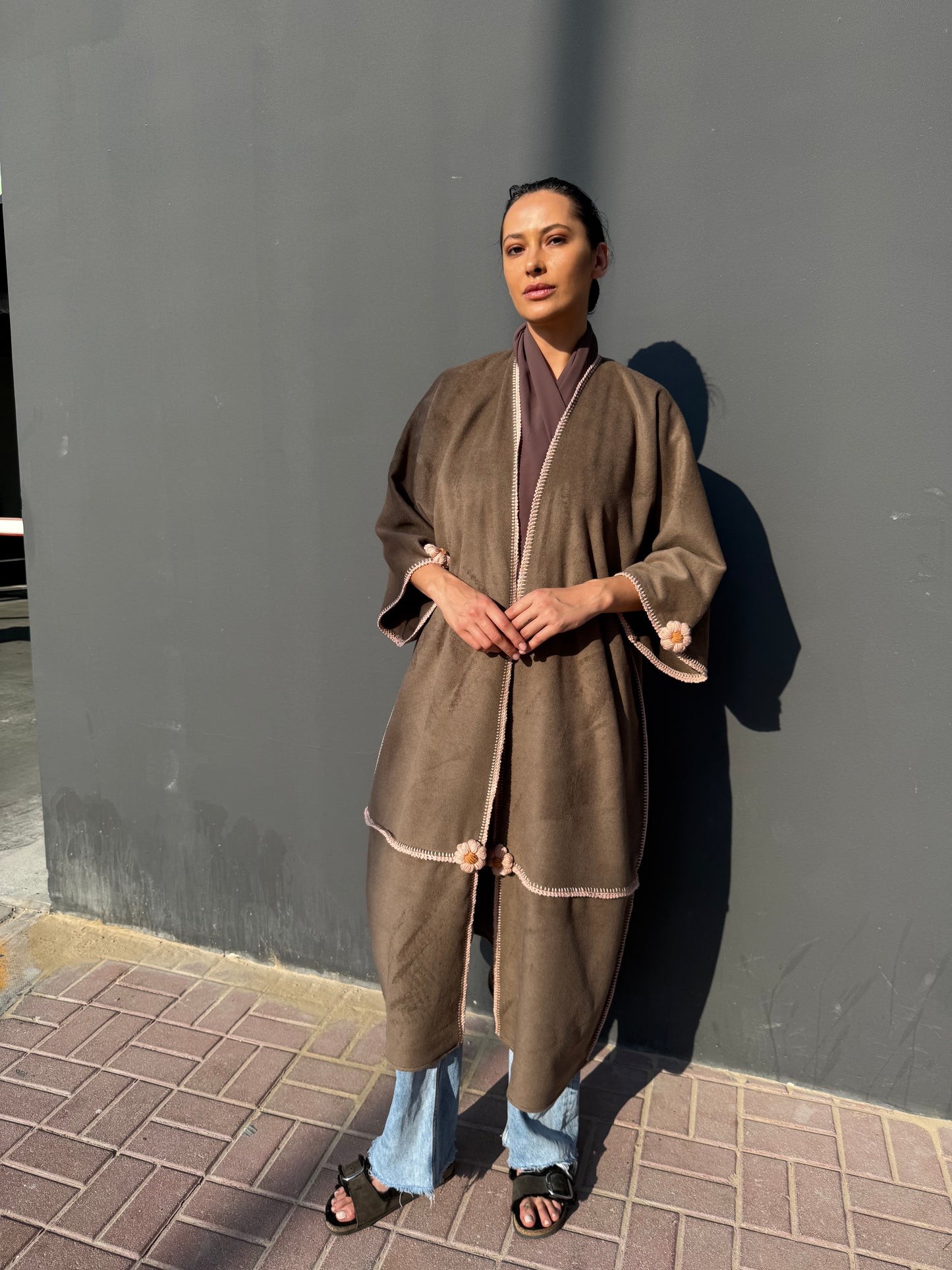 cashmere abaya with handmade crochet flowers - Brown