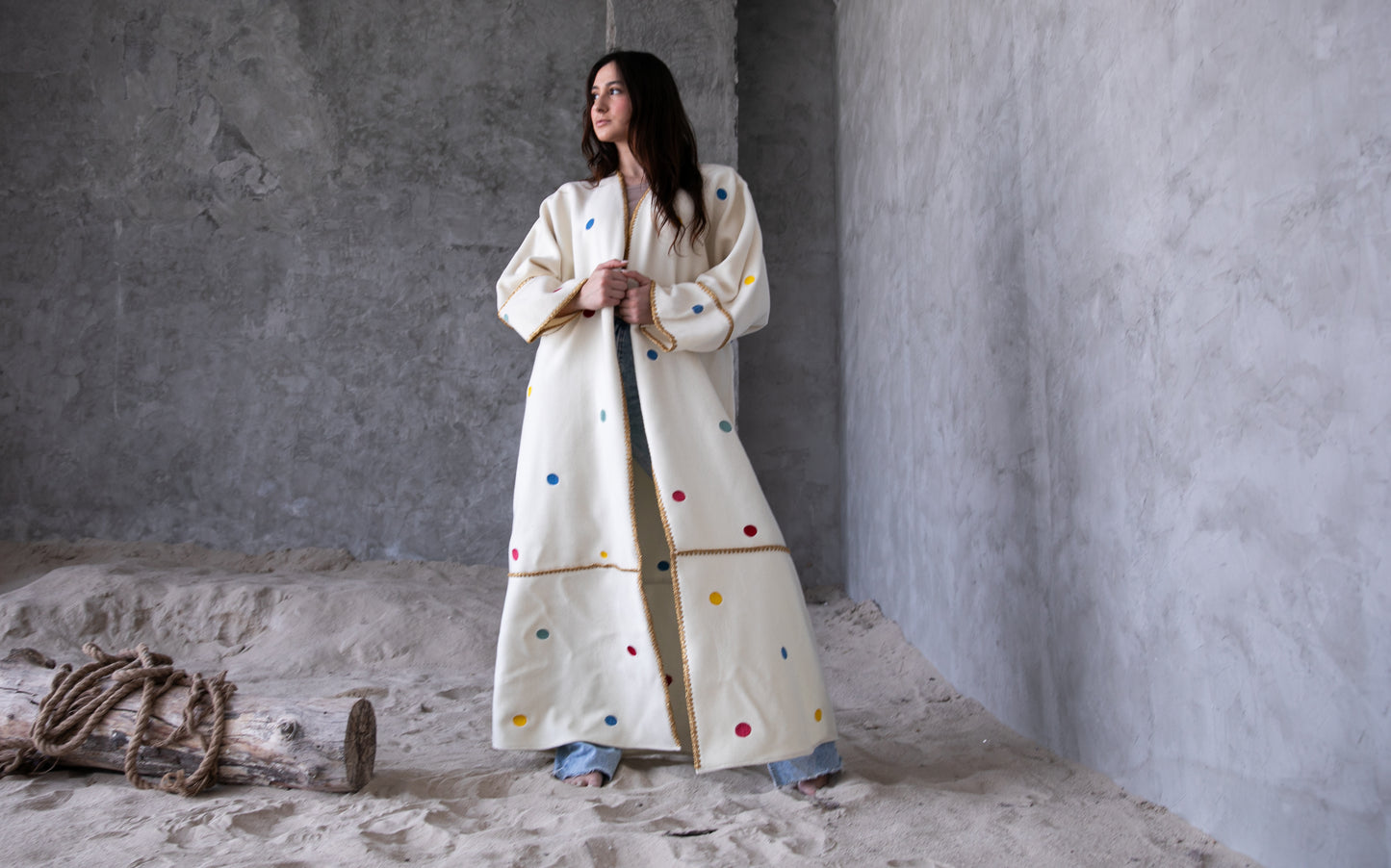 Winter abaya with handmade embroidery and crochet - White
