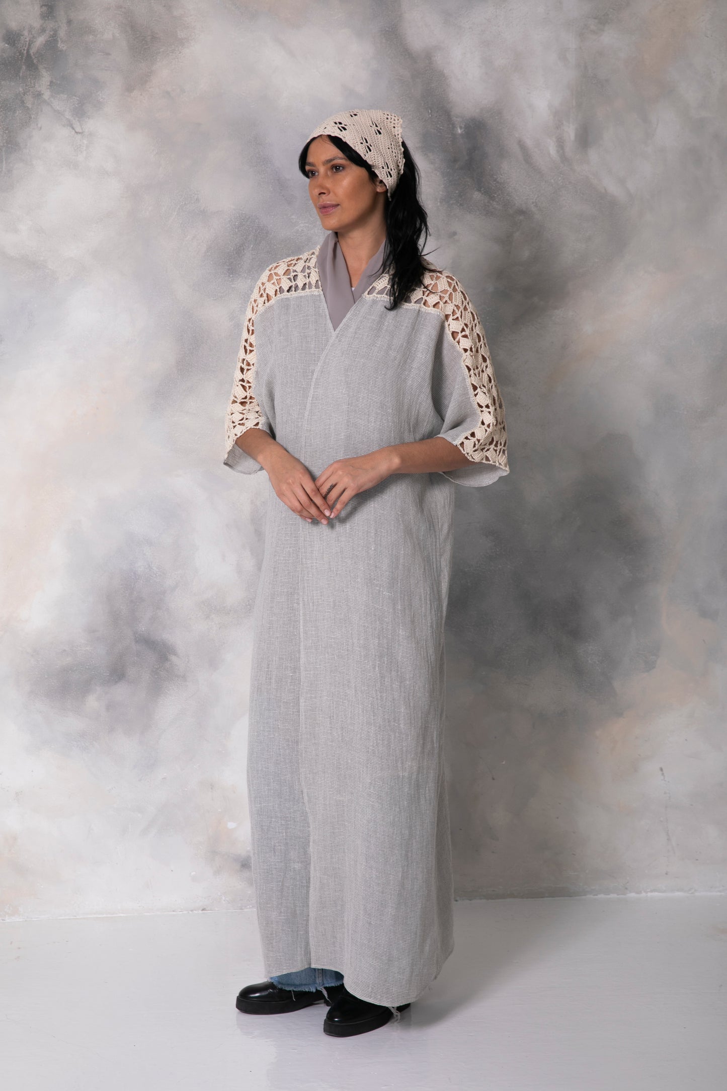 Grey small check linen abaya with handmade crochet
