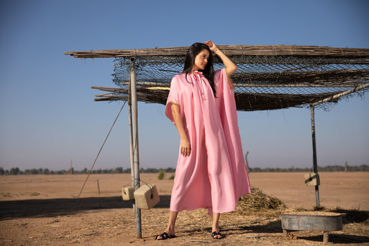 Silk Kaftan with Handmade crochet - Pink